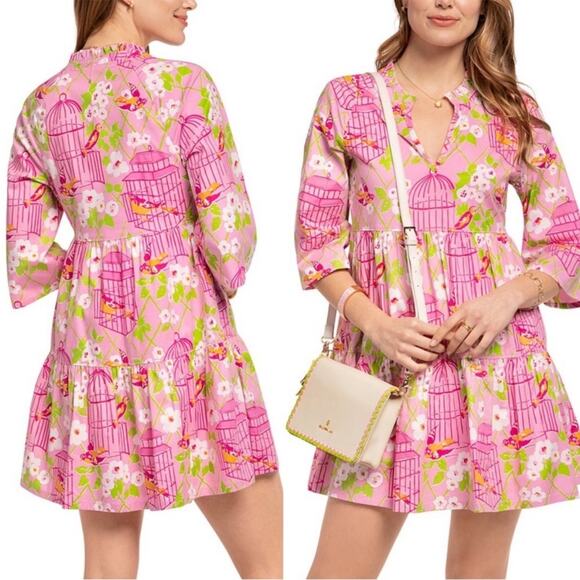SPARTINA 449 Pink & Green Bird Wilson Maisie Ruffle Tiered Notch Neck Dress Sz M - Picture 1 of 8